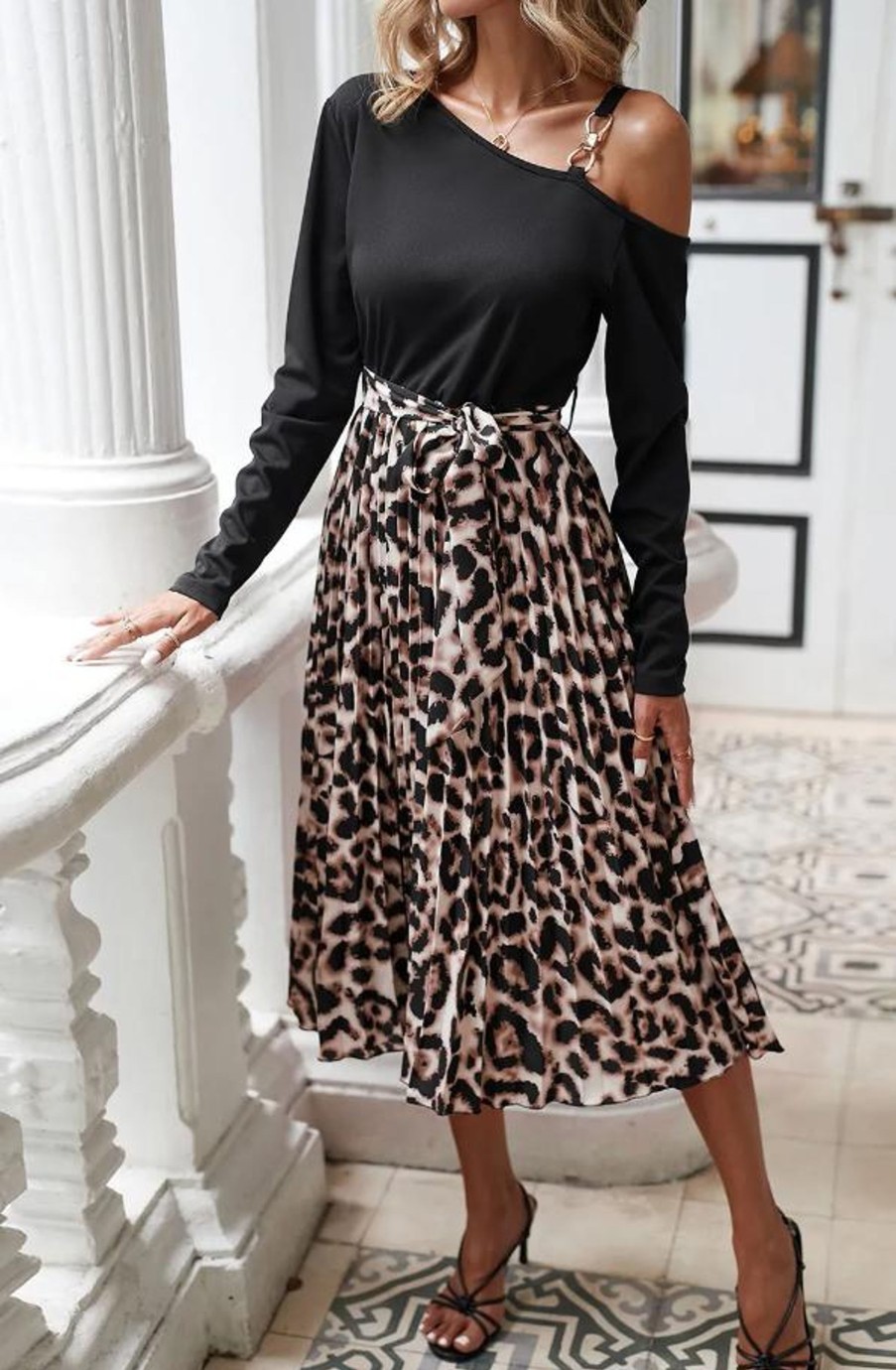 Donna Dear-lover | Abito Midi Con Stampa Leopardata, Nero