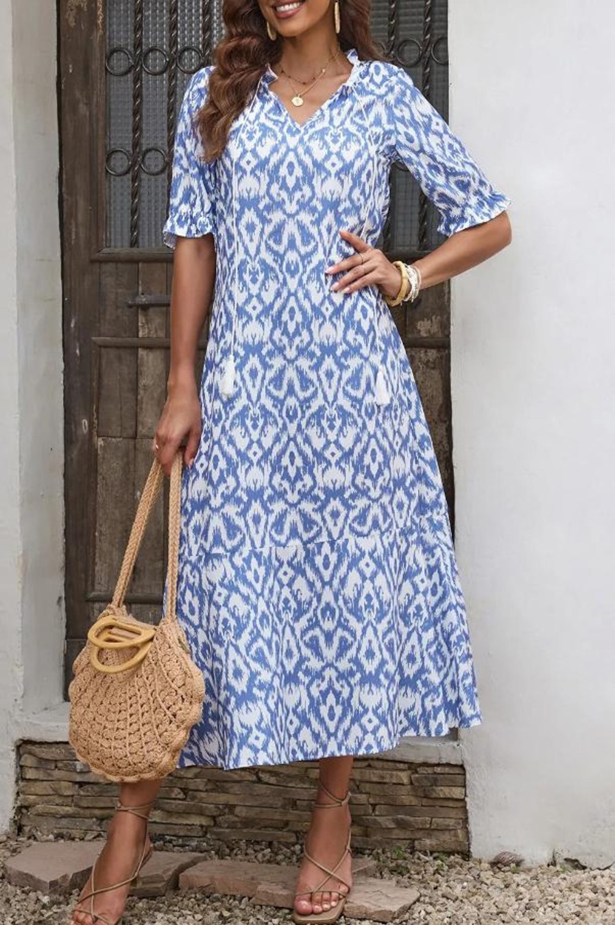 Donna Dear-lover | Maxi Abito Con Stampa Geometrica, Azzurro