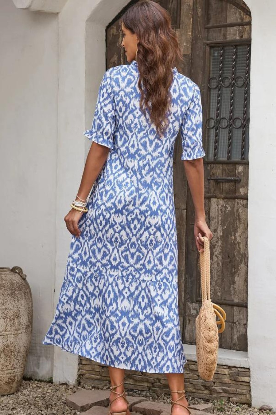 Donna Dear-lover | Maxi Abito Con Stampa Geometrica, Azzurro