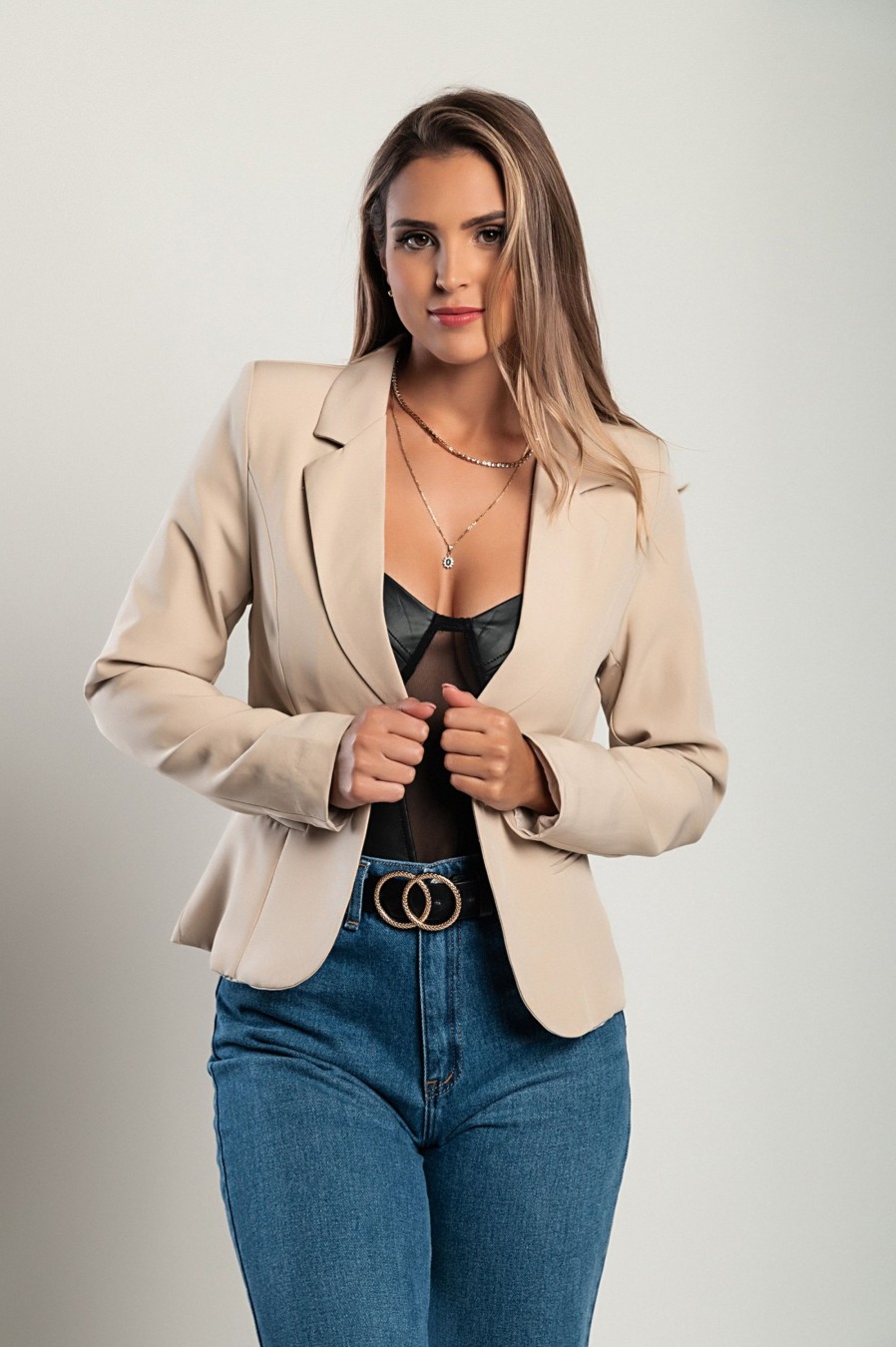 Donna PRONTO MODA ELENE | Blazer Con Scollo Classico Softina, Beige