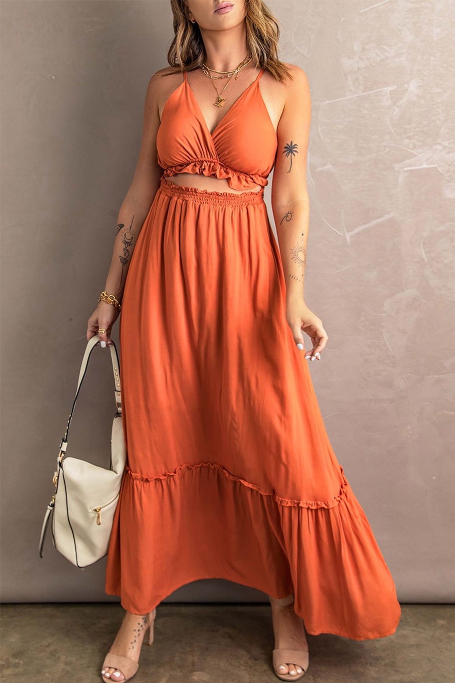 Donna Dear-lover | Abito Elegante Velato Con Volant Gaucha, Arancio