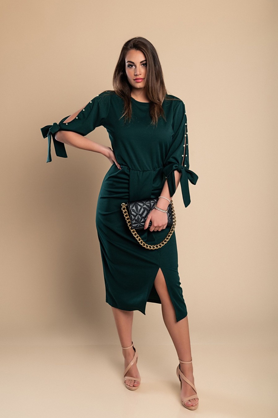 Donna NEO IMAGE | Abito Elegante Midi Con Scollo Rotondo, Maniche 3/4 Con Spacco E Perline Decorative Peppina, Verde