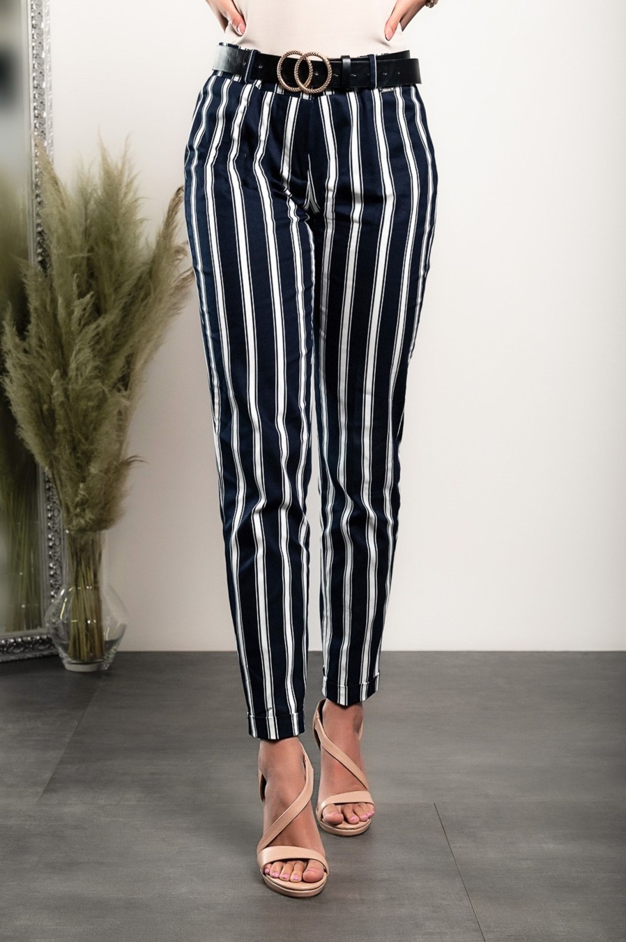 Donna CA.FRA.MA.s.r.l. | Eleganti Pantaloni Skinny Con Stampa A Righe Amoretta, Blu Scuro