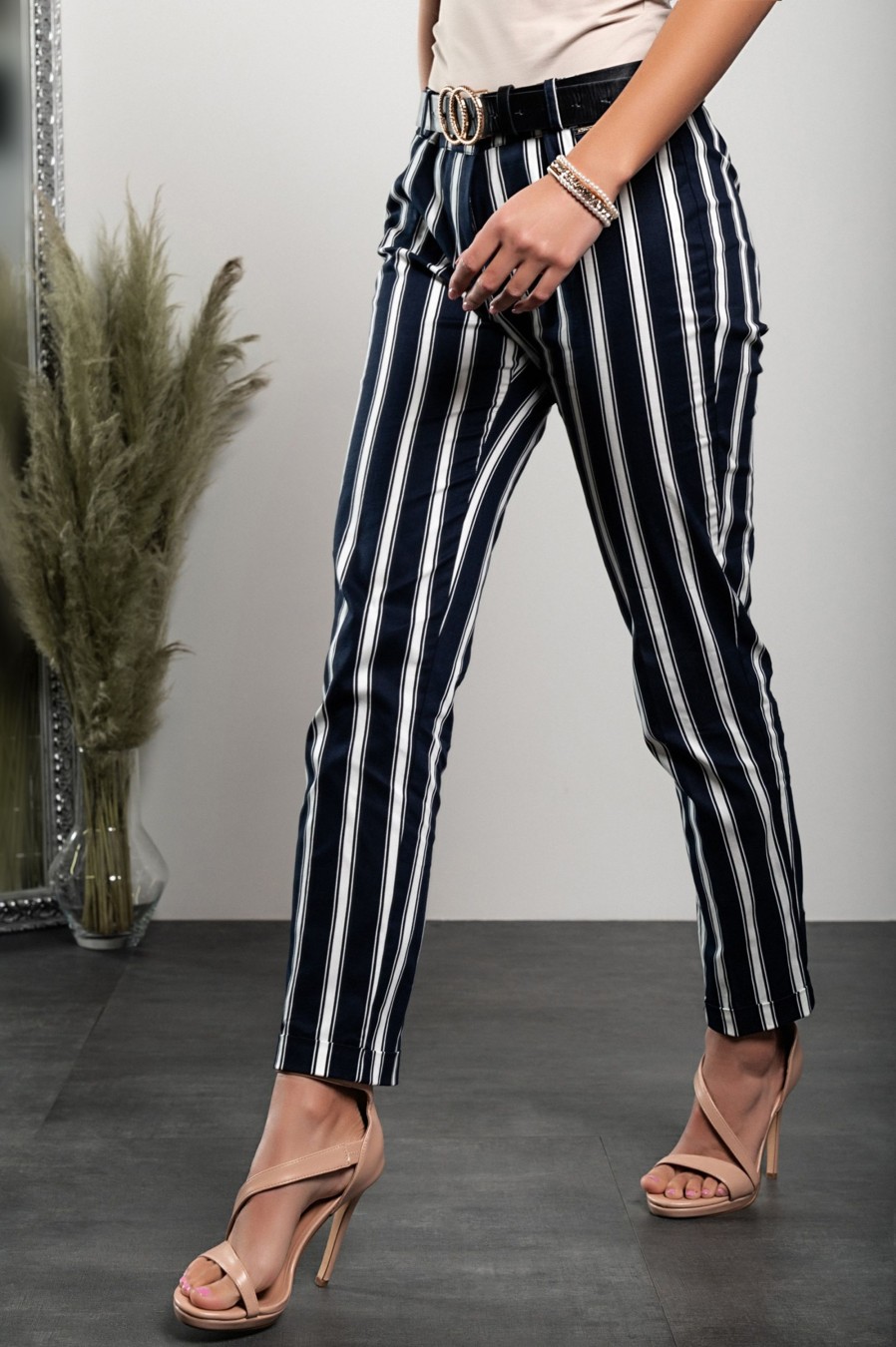 Donna CA.FRA.MA.s.r.l. | Eleganti Pantaloni Skinny Con Stampa A Righe Amoretta, Blu Scuro