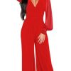 Donna NEO IMAGE | Jumpsuit Elegante Con Scollo A "V" E Maniche Trasparenti Con Rivetti Georgina, Rosso