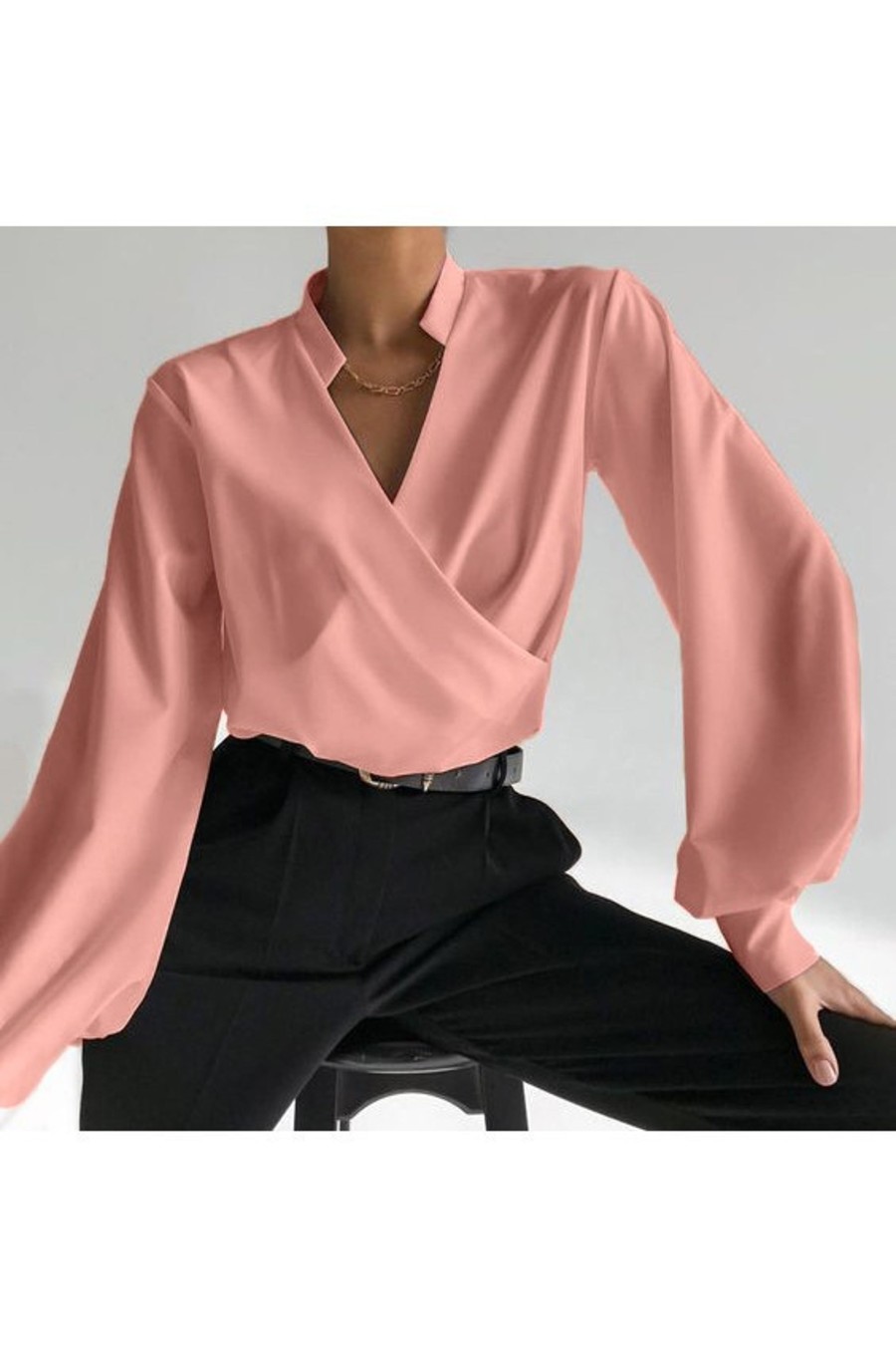 Donna NEO IMAGE | Camicia Elegante Incrociata Scollo A V Con Volant Belucca, Rosa