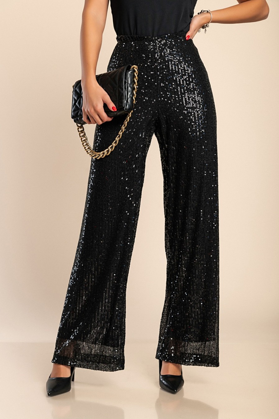 Donna NEO IMAGE | Pantaloni Lunghi Eleganti Taglie Forti Con Paillettes, Neri