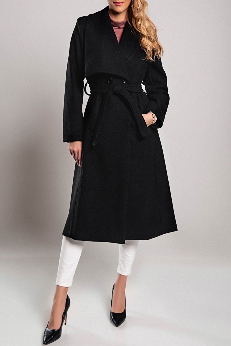 Donna PRONTO MODA ELENE | Elegante Cappotto Lungo Con Scollo Ampio, Colore Nero