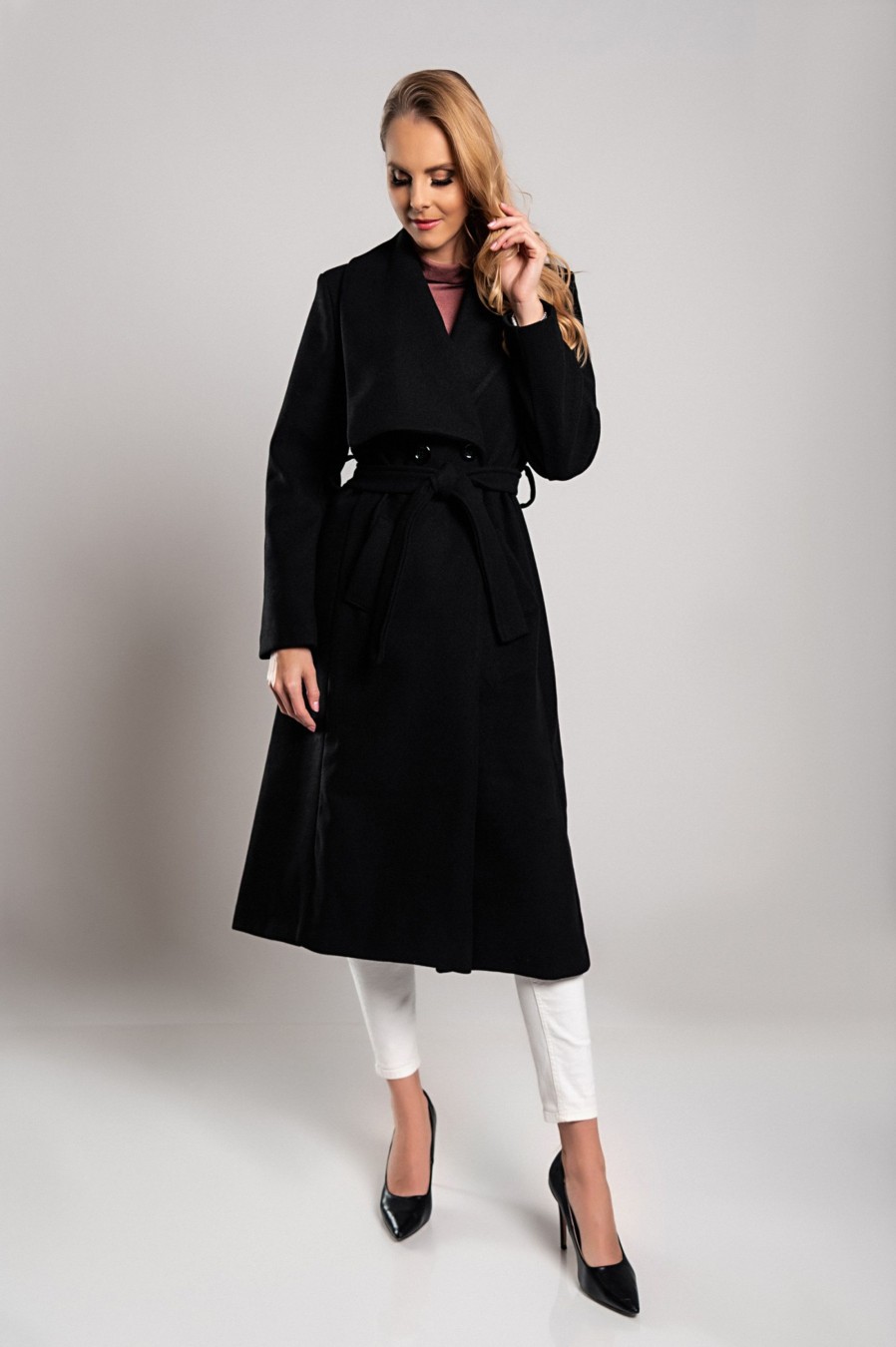 Donna PRONTO MODA ELENE | Elegante Cappotto Lungo Con Scollo Ampio, Colore Nero