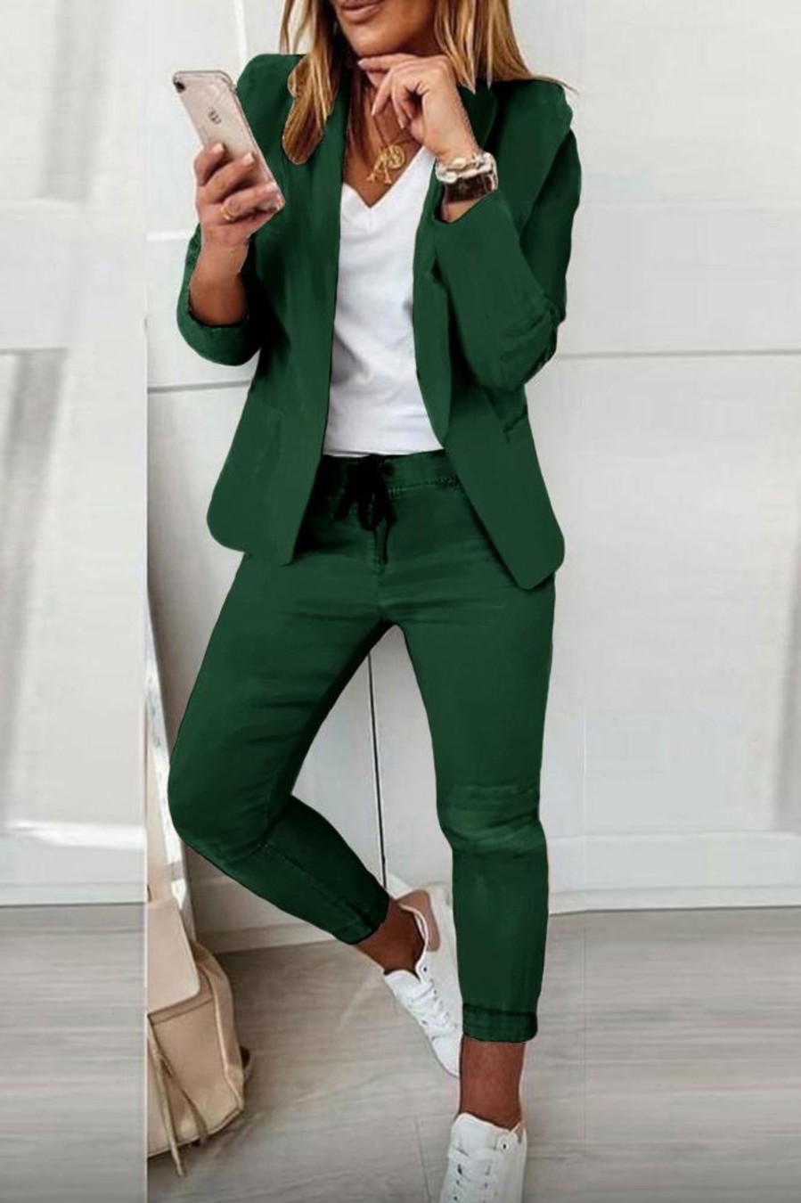 Donna NEO IMAGE | Completo Pantalone E Blazer Elegante Estrena, Verde Scuro