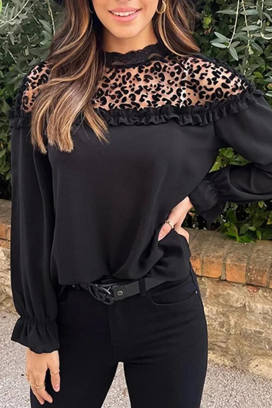 Donna NEO IMAGE | Blusa Elegante Con Volant, Nera