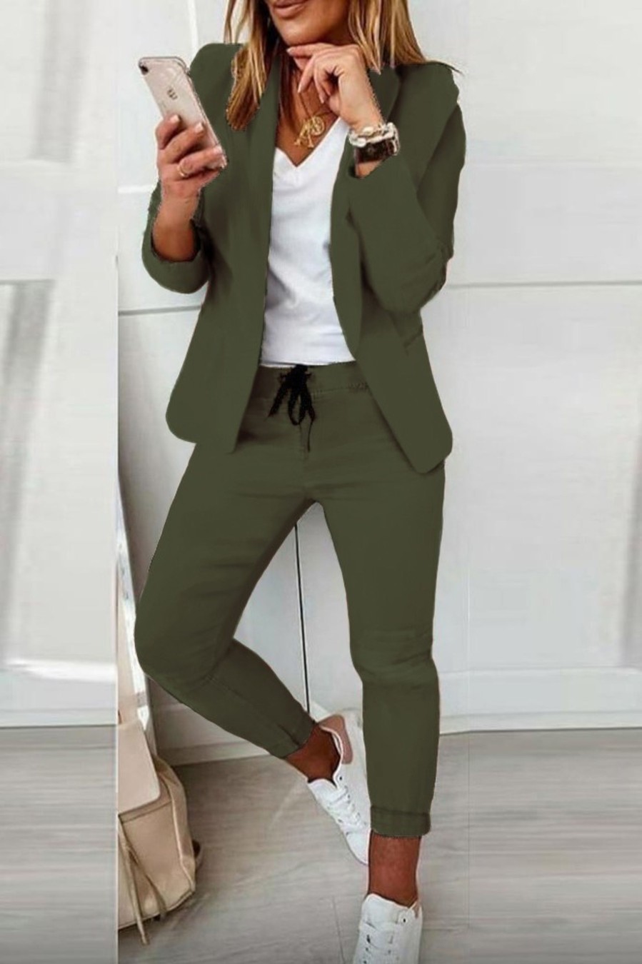 Donna NEO IMAGE | Completo Giacca E Pantalone Elegante Estrena, Verde Oliva