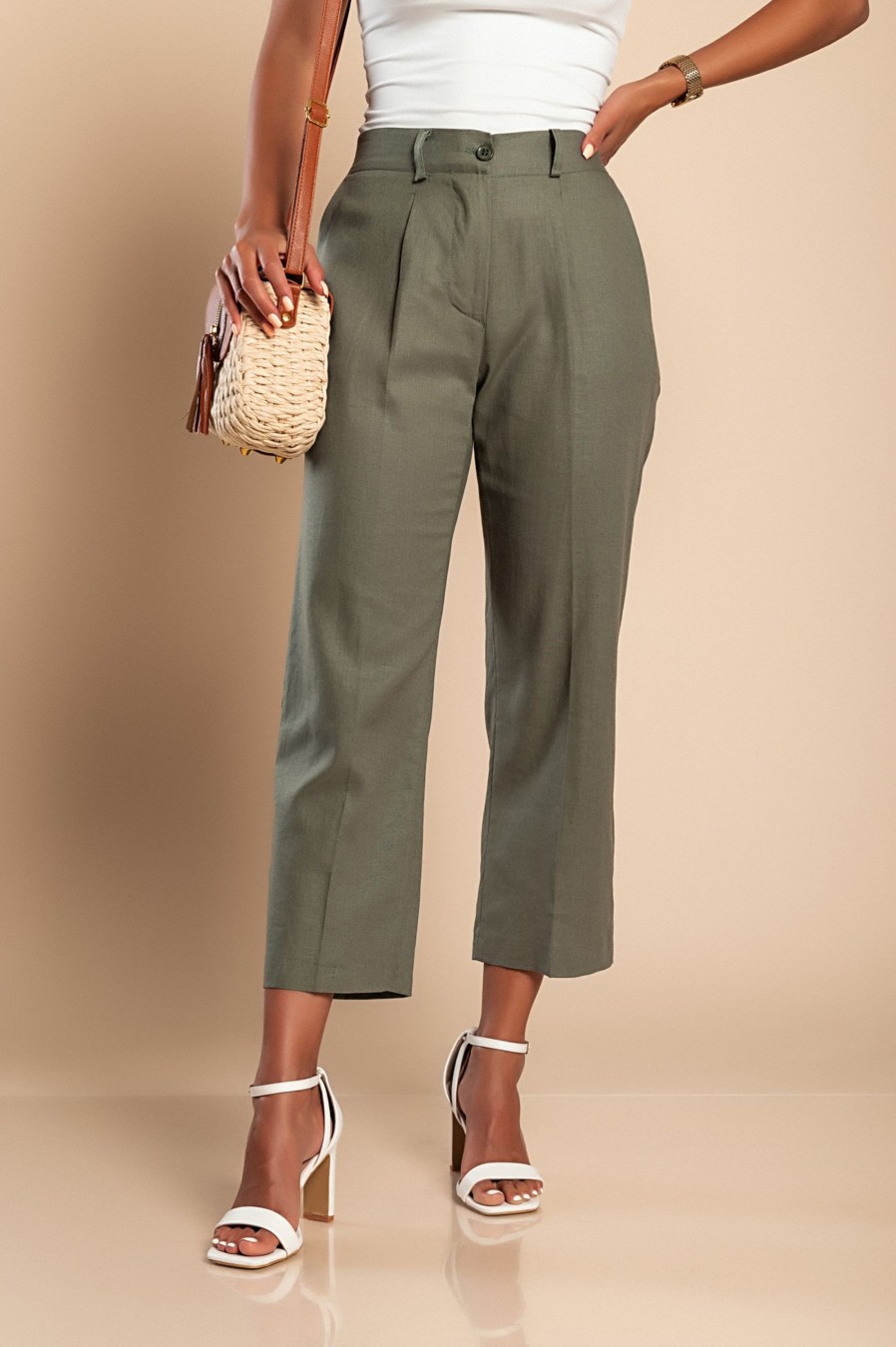 Donna CA.FRA.MA.s.r.l. | Pantaloni Eleganti In Lino, Verde Oliva