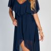 Donna NEO IMAGE | Abito Midi Elegante Con Volant E Gonna A Portafoglio Barbados, Blu Scuro