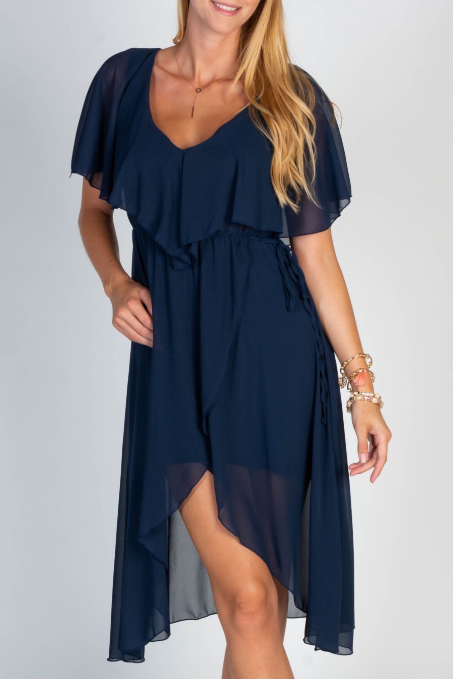 Donna NEO IMAGE | Abito Midi Elegante Con Volant E Gonna A Portafoglio Barbados, Blu Scuro