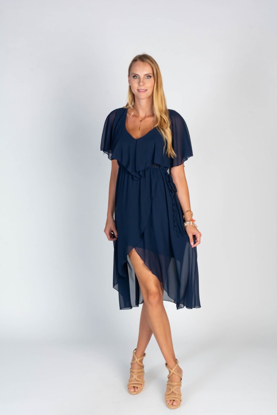 Donna NEO IMAGE | Abito Midi Elegante Con Volant E Gonna A Portafoglio Barbados, Blu Scuro