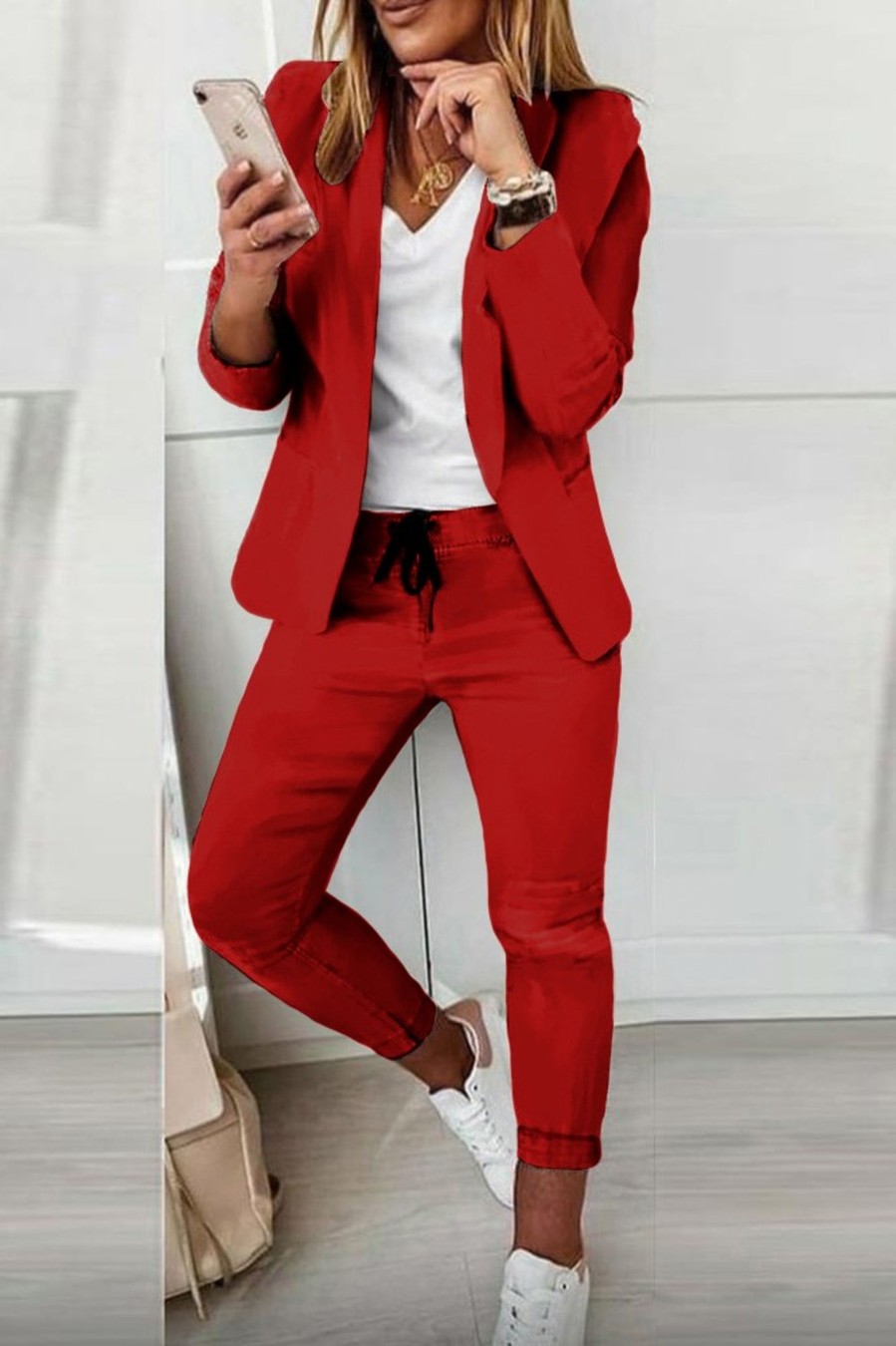 Donna NEO IMAGE | Completo Pantalone E Blazer Elegante Estrena, Rosso